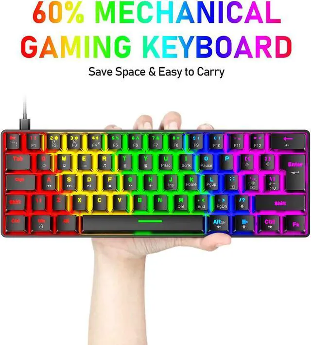 Alt view image 2 of 7 - 60% Wired Mechanical Gaming Keyboard and Mouse Combo,Ultra-Compact Mini 62 Keys,Type C Chroma 20 Rainbow Backlit Effects,RGB Backlit 6400 DPI Lightweight Gaming Mouse with Honeycomb Shell for PC/Mac