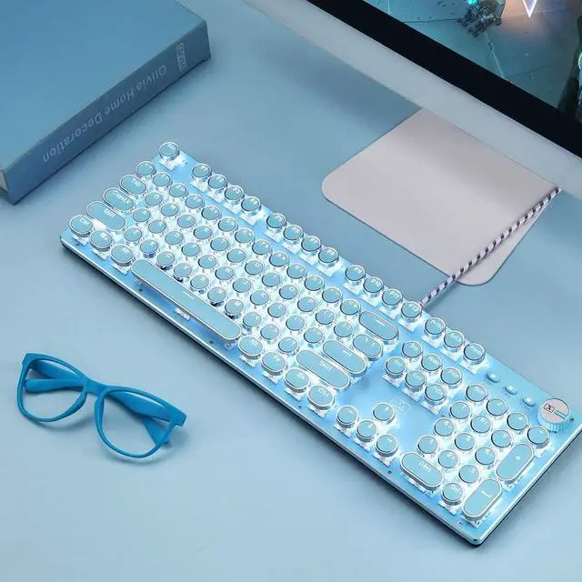 Alt view image 7 of 7 - Gaming Keyboard and Mouse,Retro Steampunk Vintage Typewriter-Style Mechanical Keyboard with White LED Backlit,104-Key Anti-Ghosting Blue Switch Wired USB Metal Panel Round Keycaps(Blue)