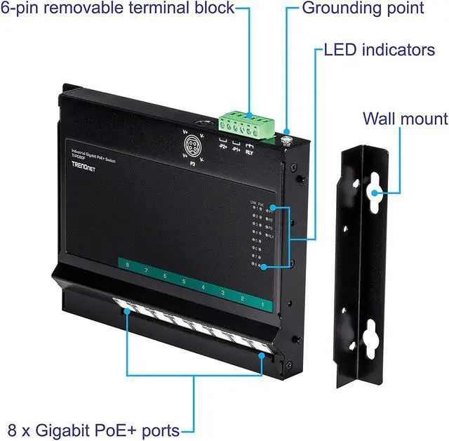 Alt view image 4 of 7 - TRENDnet 8-Port Industrial Gigabit Poe+ Wall-Mounted Front Access Switch, TI-PG80F, 8X Gigabit Poe+ Ports, DIN-Rail Mount, 48 –57V DC Power Input, IP30, 200W Poe Budget, Lifetime Protection
