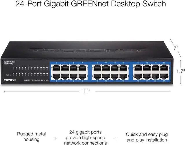 Alt view image 4 of 6 - TRENDnet 24-Port Unmanaged Gigabit GREENnet Desktop Switch, Ethernet Network Switch, 24 x 10-100-1000 Gigabit Ethernet RJ-45 Ports, 48Gbps Switching Capacity, Lifetime Protection, Black, TEG-S24DG