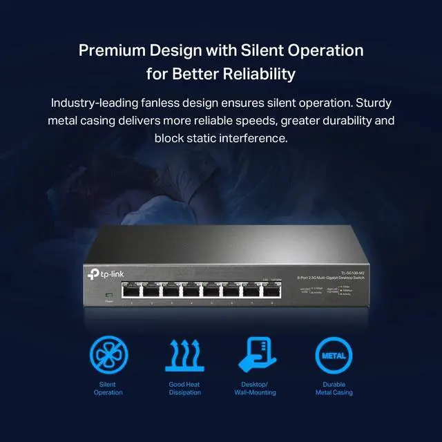 Alt view image 4 of 7 - TP-Link TL-SG108-M2 | 8 Port Multi-Gigabit Unmanaged Network Switch, Ethernet Splitter | 2.5G Bandwidth | Plug & Play | Desktop/Wall-Mount | Fanless Metal Design | Limited Lifetime Protection