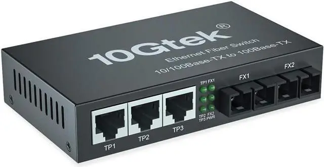 Main image of 10Gtek 5-Port Fast Ethernet Desktop Fiber Switch, 2 Ports Dual SC Fiber, 20 km