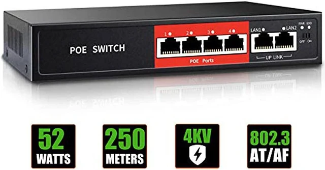 Main image of AI PoE Switch,52V 52W (4 POE Ports +2 Uplink)100Mbps,802.3af/at,Unmanaged Network Extender Power Over Ethernet for IP,Extend Function,Metal Plug and Play