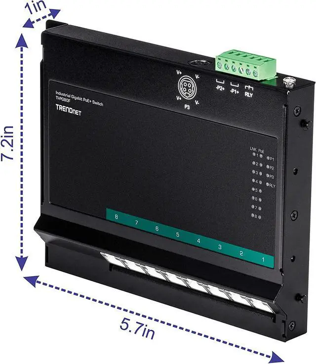 Alt view image 3 of 7 - TRENDnet 8-Port Industrial Gigabit Poe+ Wall-Mounted Front Access Switch, TI-PG80F, 8X Gigabit Poe+ Ports, DIN-Rail Mount, 48 –57V DC Power Input, IP30, 200W Poe Budget, Lifetime Protection