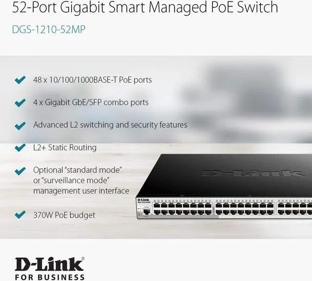 Alt view image 2 of 6 - D-Link PoE+ Switch, 48 52 Port Smart Managed Layer 2+ Gigabit Ethernet with 4 Gigabit RJ45/SFP Combo Ports and 370W PoE Budget (DGS-1210-52MP)