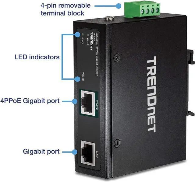 Alt view image 3 of 20 - TRENDnet Hardened Industrial 90W Gigabit 4Ppoe Injector,4-Pair Power Over Ethernet, Poe(15.4W), Poe+(30W), 4Ppoe(90W)Power, IP30, DIN-Rail/Wall Mount Included, 4-Pair Poe Up to 100M (328 ft.),TI-IG90