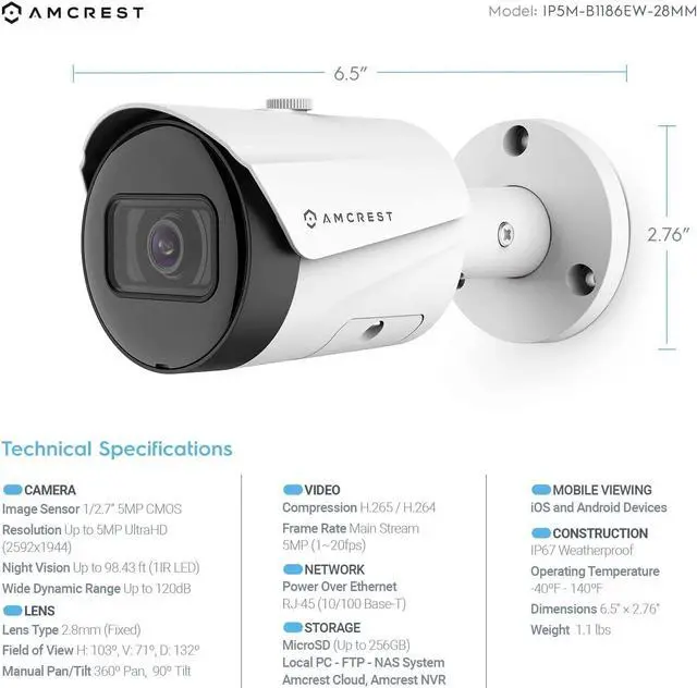 Alt view image 3 of 7 - Amcrest UltraHD 5MP Outdoor POE Camera 2592 x 1944p Bullet IP Security Camera, IP67 Waterproof, 103° Viewing Angle, 2.8mm Lens, 98.4ft Night Vision, 5MP, IP5M-B1186EW-28MM (White) (Refurbished)