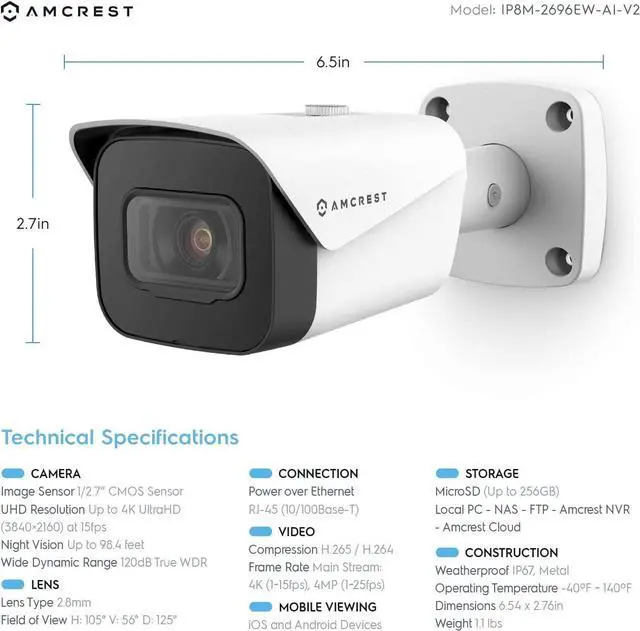 Alt view image 2 of 6 - Amcrest UltraHD 4K (8MP) Outdoor Bullet POE IP Camera, 3840x2160, 98ft NightVision, 2.8mm Lens, IP67 Weatherproof, MicroSD Recording, White (IP8M-2496EW-V2) (Refurbished)