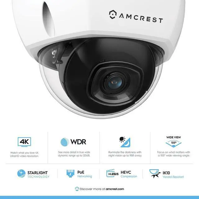 Alt view image 2 of 7 - Amcrest UltraHD 4K (8MP) Outdoor Security POE IP Camera, 98ft NightVision, 2.8mm Lens, IP67 Weatherproof, IK10 Vandal Resistant Dome, MicroSD Recording, White (REP-IP8M-2493EW) (Refurbished)