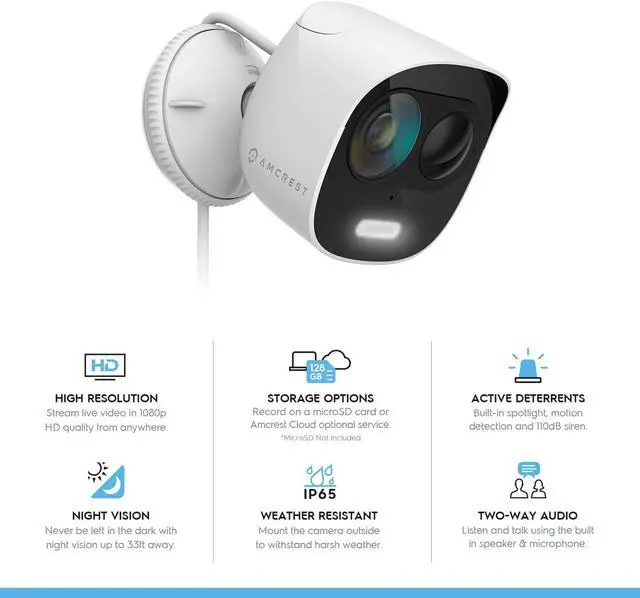 Alt view image 2 of 6 - Amcrest SmartHome 1080p WiFi Outdoor Security Camera with Spotlight, Built-in Siren Alarm, Strobe Light, Two-Way Audio, Night Vision, 133° View, IP65 Weatherproof, MicroSD & Smart Cloud Storage, ADC2W