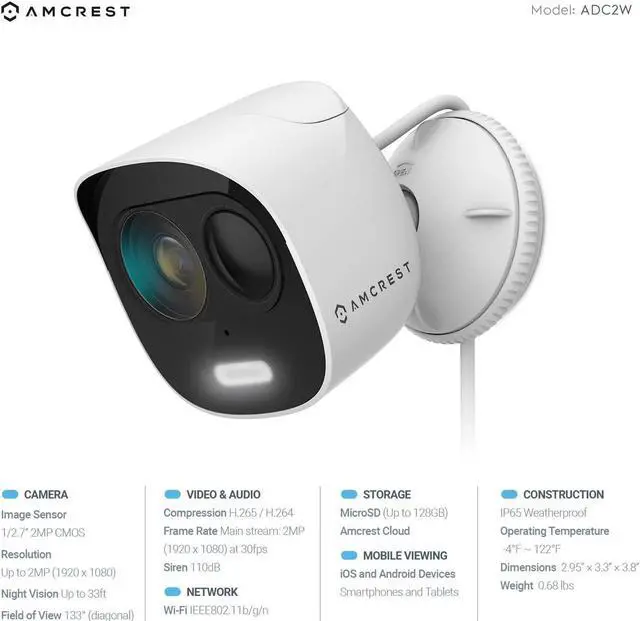 Alt view image 3 of 6 - Amcrest SmartHome 1080p WiFi Outdoor Security Camera with Spotlight, Built-in Siren Alarm, Strobe Light, Two-Way Audio, Night Vision, 133° View, IP65 Weatherproof, MicroSD & Smart Cloud Storage, ADC2W