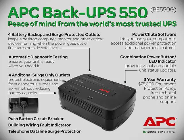 Alt view image 3 of 3 - APC UPS, 550VA UPS Battery Backup Surge Protector, BE550G Backup Battery Power Supply, Dataline Protection, Back-UPS Series Uninterruptible Power Supply
