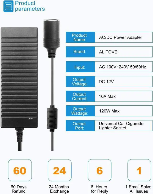 Alt view image 2 of 7 - AC to DC Converter 110V to 12V 10A 120W Power Supply Car Cigarette Lighter Adapter to Wall Plug AC/DC Transformer for Car Vacuum Cleaner Car Refrigerator and Other Car Devices