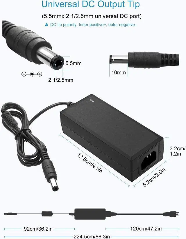 Alt view image 2 of 7 - 24V DC Power Supply 2A 48W AC/DC Adapter 100~240V AC to DC 24 Volt 2 Amp Converter 24 vdc 2000mA 1.8A 1.5A 1.3A 1.2A with 5.5mmx 2.5mm 2.1mm Plug for LED Strip Light CCTV Camera DC Pump Fan