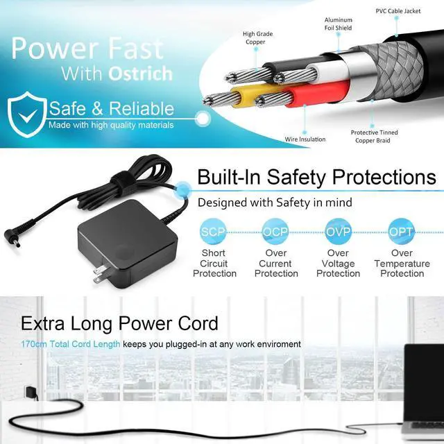 Alt view image 4 of 5 - Charger Compatible with  Laptop Computer 65W 45W Round Tip Power Supply AC Adapter