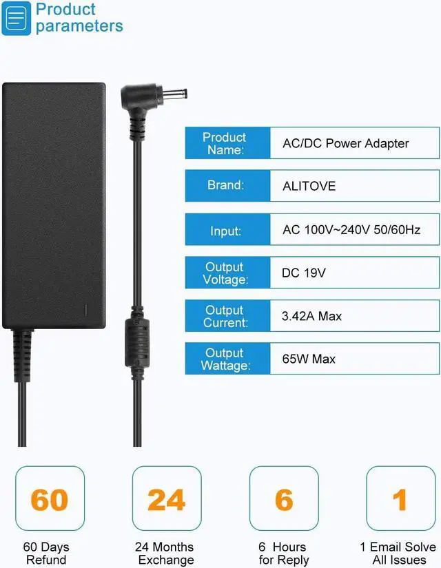 Alt view image 2 of 7 - 19V Power Supply Adapter 3.42A 65W AC/DC Converter Transformer 100V~240V AC Input with 5.5mmx 2.5mm Plug for LCD LED Monitor HDTV 3D Widescreen Bluetooth Speaker Printers Audio Amplifier