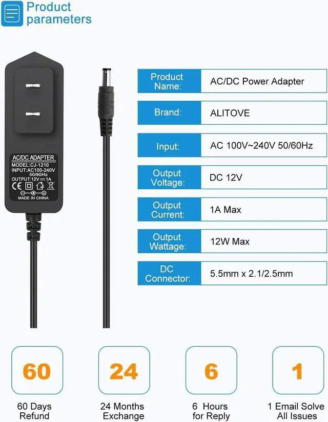 Alt view image 2 of 7 - 12V 1A Power Supply AC Adapter 100-240V 50-60Hz to DC 12 Volt Transformer 12W Replacement Power Cord 5.5 x 2.5mm/2.1mm Tip for CCTV Security Camera DVR NVR System Router LED Strip (5 Pack)