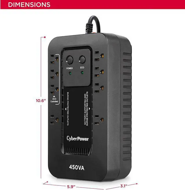 Alt view image 5 of 7 - South City Mall EC450G Ecologic Battery Backup & Surge Protector UPS System, 450VA/260W, 8 Outlets, ECO Mode, Compact Uninterruptible Power Supply