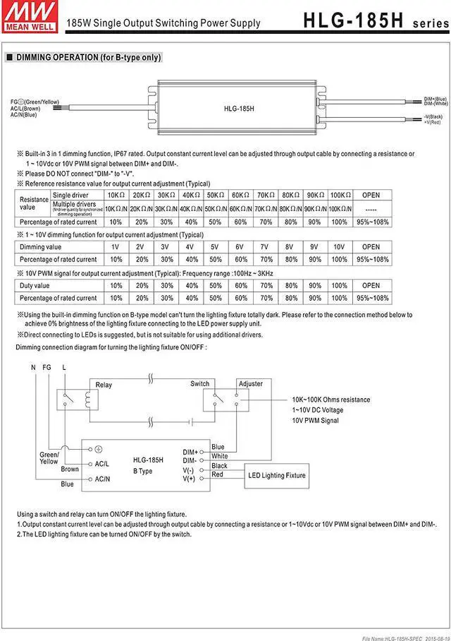 Alt view image 6 of 7 - MEAN WELL HLG-185H-48B HLG SERIES 185 W 3.9 A 48 V LED DRIVER MODULE - 1 item(s)