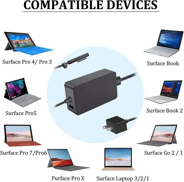 Alt view image 6 of 7 - 65W Laptop Charger Replacement for Microsoft Surface Pro 3 4 5 6 7 X Power Adapter,Surface Laptop 1 2 3,Compatible for Both Microsoft Surface Book Laptop/Tablet,Works with 65W&44W&36W&24W