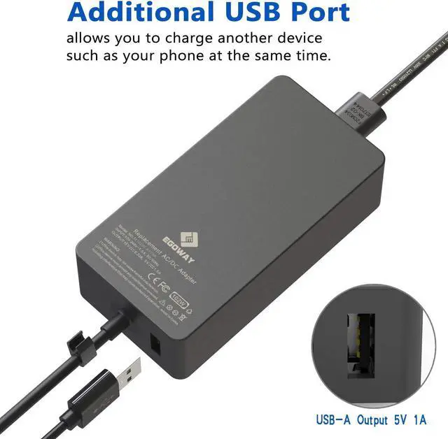 Alt view image 3 of 7 - 102W 15V 6.33A Power Adapter Charger Compatible with Surface Book 2 1, Surface Laptop 3 2 1, Surface Pro X Pro 7 Pro 6 Pro 5 Pro 4 Pro 3 and Surface Go with Additional USB Port and 6ft Power Cord