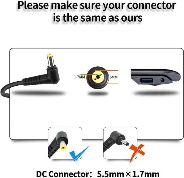 Alt view image 2 of 7 - 65W Laptop Charger Fit for Acer Aspire E15 E1 F15 ES1 E5-553 E5-575 Acer Chromebook 11 13 14 15 R11 CB3 CB5 C720 C720P C740 AC Power Adapter Supply CorD1