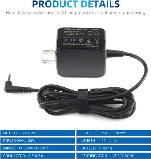 Alt view image 2 of 6 - 26W 12V 2.2A Laptop Adapter Charger PA-1250-98 for Samsung Chromebook 3 2 303C 500C 501C 503C XE500C13 XE303C12 XE501C13 XE500C12 XE503C12 XE503C32 W14-026N1A BA44-00322A Power Supply Cord