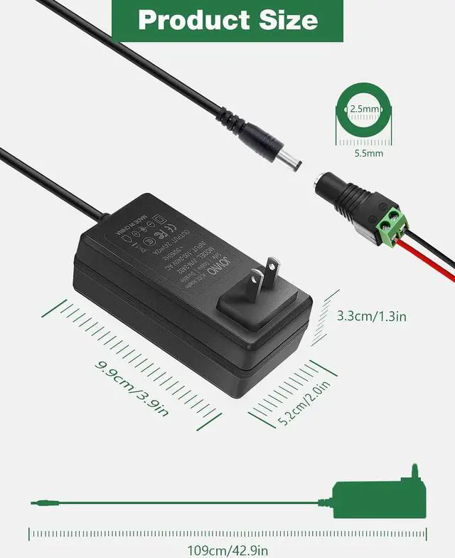 Alt view image 3 of 6 - JOVNO 24V 2A Power Supply Adapter DC 24 Volt 2amp 48W AC/DC Converter 1.8A 1.75A 1.6A 1.5A 1.25A 1.2A Transformer LED Driver 100-240V AC in 5.5x2.5mm Plug for LED Strip DC Pump CCTV Camera