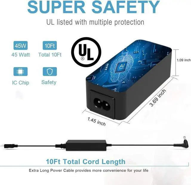 Alt view image 3 of 5 - 45W AC Charger Fit for Lenovo Flex 14 15 Laptop Power Supply Adapter Cord UL Listed