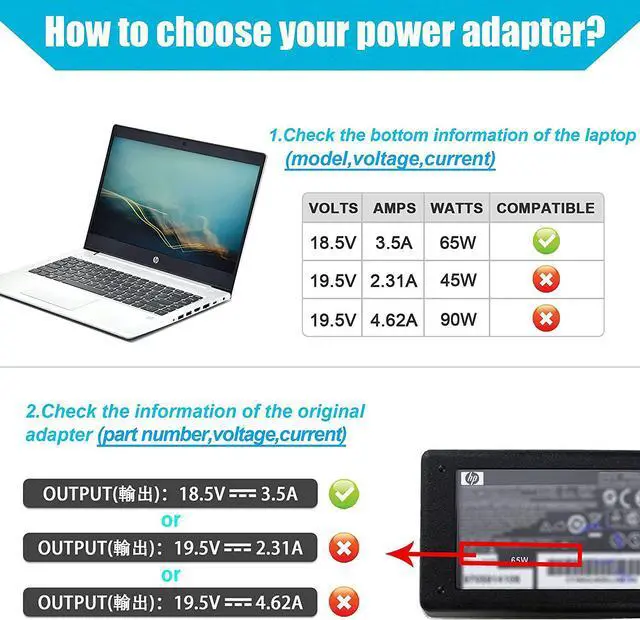 Alt view image 3 of 7 - 65W AC Adapter Laptop Charger for HP Pavilion DV7 DV6 DV5 DV4 DM4 G7 G6 Series,Compaq Cq57 Cq62 Cq56 Cq61 Cq60 Cq58,2000-329WM 2000-2A20NR 2000-2B09WM,Probook 4540s 4440s 4430s 4520s 4530s 6570b 6560b
