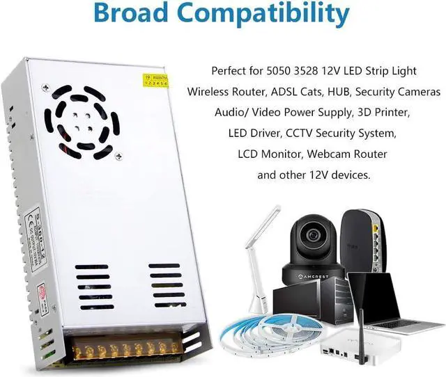 Alt view image 6 of 7 - SHNITPWR 12V Power Supply 30A 360W AC to DC Adapter 12 Volt 30 Amp Switching Power Converter Transformer LED Driver 110V 240V AC in for LED Light Strip 3D Printer CCTV Security System LCD Monitor
