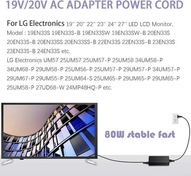 Alt view image 7 of 7 - 19V AC Adapter Charger for LG Electronics 19" 20" 22" 23" 24" 27" 32" LED LCD Monitor Widescreen HDTV 24M47H-P 24MP55HQ A4819-FDY UN32J400 UN32J4000AF UN32J400DAF BN44-00837A Power Supply Cord Plug