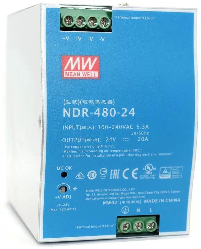 Main image of NDR-480-24 480W 20A 24VDC Single Output AC to DC DIN Rail Power Supply (NDR Series Economical Model EMC EN55022 Class B)