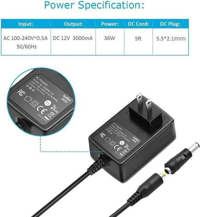 Alt view image 3 of 7 - 12V 3A 2.5A AC DC Power Adapter Supply Cord Wall Charger for 12 Volt Electronics - 3000mA Max.