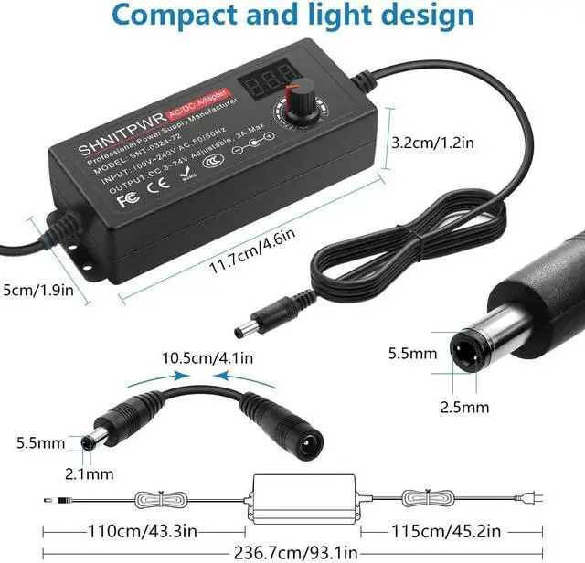 Alt view image 4 of 7 - SHNITPWR 72W universal Power Supply Adjustable DC 3V ~ 24V 3A AC/DC Adapter with USB C Charger PD 65W Upgraded 100V-240V AC to DC Converter Variable Power Adapter, 14 Tips, Alligator Clips Power Cable