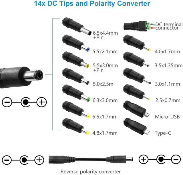 Alt view image 4 of 7 - Universal Power Adapter 3V ~ 24V 1A 24W AC Adapter 3V 5V 6V 9V 12V 15V 18V 19V 20V 24V 500mA 1000mA Adjustable Power Supply Converter Transformer 100V-240V in with 14 Tips Polarity Converter