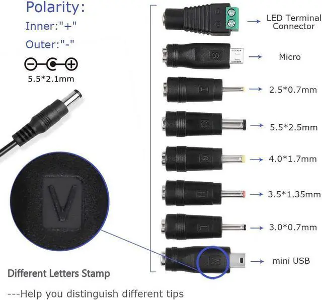 Alt view image 4 of 7 - Universal AC DC 5V 1A 2A/2000mA Power Supply Cord Adapter Charger with 8 Variable Plug Tips (Include 5.5mm / 3.5mm / Mini USB/Micro USB / 4.7mm Switching Connector)