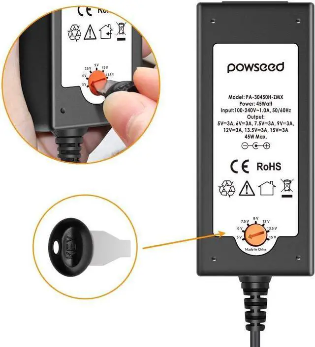 Alt view image 5 of 7 - POWSEED Universal 45W 5V 6V 7.5V 9V 12V 13.5V 15V AC DC Power Adapter for Household Electronics Routers CCTV IP Cameras Speaker USB Hub Tablet LED Strips, Multi Voltage Supply Cord Charger 1A 2A 3A