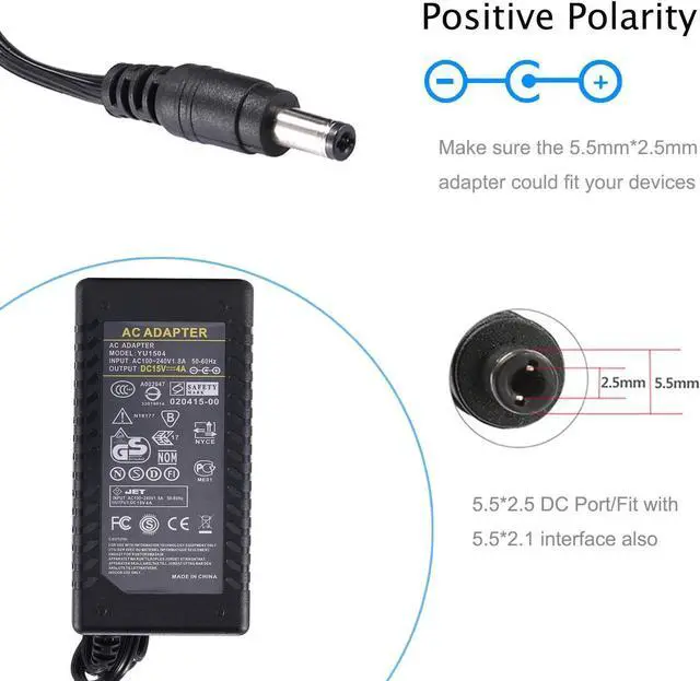 Alt view image 2 of 7 - 15V 4A Power Supply - 15V 4A 60W Power Adapter Charger 100-240V AC to DC Converter 5.5x2.5mm Replacement 15V 3.5A 3A 2.5A