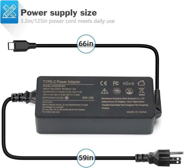 Alt view image 3 of 7 - Laptop Charger 65W watt USB Type C AC Adapter Replacement for Hp Chromebook 14 13 X360 Spectre x360 Elite x2 EliteBook; Lenovo Yoga,Dell, ASUS,Acer Type C Power Supply Adapter with Cord
