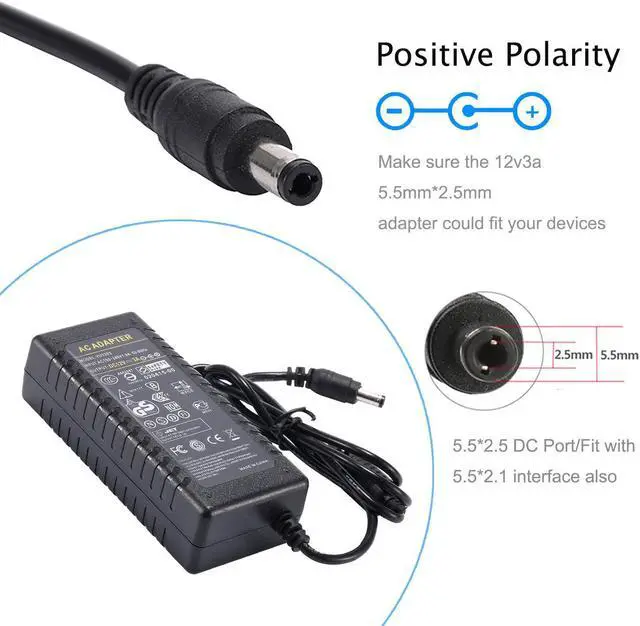Alt view image 2 of 7 - 12V 3A Power Supply AC 100-240v to DC 12V 3A Power Adapter 36W Charger Led Driver 12V3A for LED Strip Light CCTV Camera