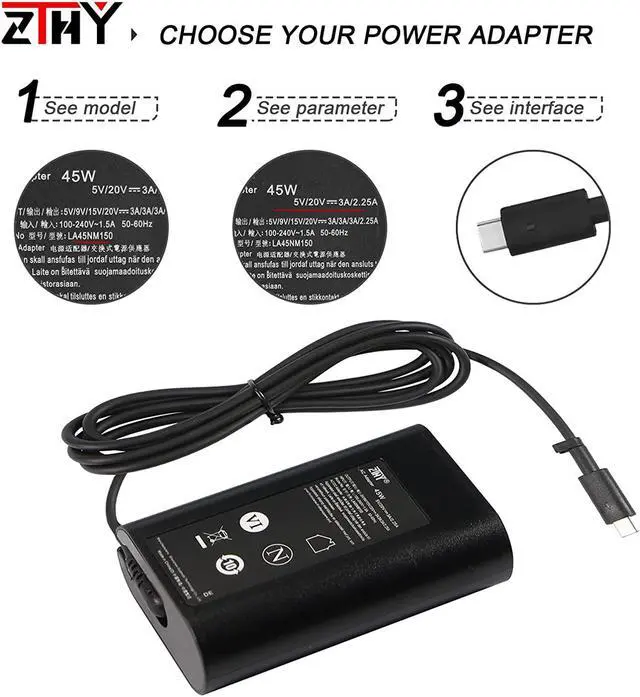 Alt view image 2 of 7 - New 45W USB-C Type C AC Adapter Laptop Charger Replacement for Dell XPS 12 13 9360 9365 9370 9300 9380 9310 2-in-1 Latitude 7200 7210 7370 5175 5285 5290 Chromebook 3100 3400 2in1 LA45NM150 Power