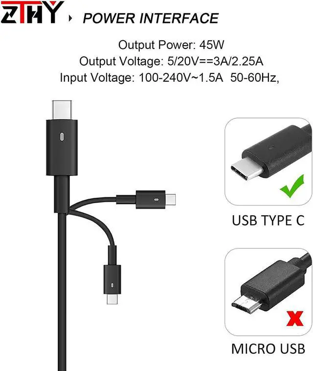Alt view image 3 of 7 - New 45W USB-C Type C AC Adapter Laptop Charger Replacement for Dell XPS 12 13 9360 9365 9370 9300 9380 9310 2-in-1 Latitude 7200 7210 7370 5175 5285 5290 Chromebook 3100 3400 2in1 LA45NM150 Power