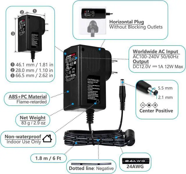 Alt view image 4 of 6 - 12V 1A 12W Power Supply AC DC Switching Adapter 12 Volt 1 Amp AC/DC Wall Wart Converter Transformer 100-240v 50 60HZ Input with 12vdc 1000ma Output