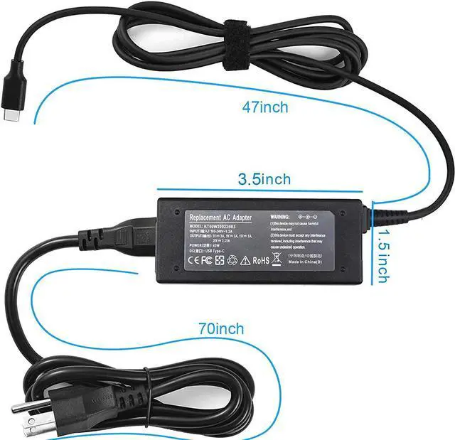 Alt view image 3 of 7 - 45W USB Type C Charger for HP Chromebook X360 14-CA00 11-AE000 14 14A 11 11A G5 G2 G6 EE 14-ca061dx 11-ae051wm 14-ca051wm 14-ca052wm 11-ae001tu 11-ae027nr TPN-LA06 Elite X2 TPN-CA01 844205-850 Adapter