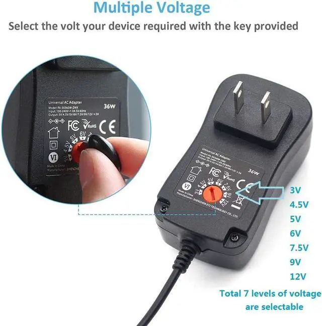 Alt view image 4 of 7 - POWSEED Universal AC Adapter 3V 4.5V 5V 6V 7.5V 9V 12V Power Supply Charger W/8 Adapter Plugs for Home Appliance, 3Amp Max