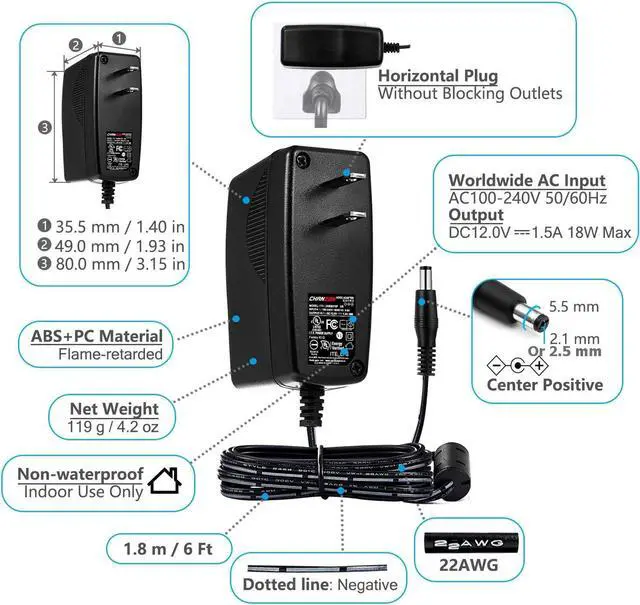 Alt view image 3 of 6 - Chanzon 12V 1.5A UL Listed 18W AC DC Switching Power Supply Adapter (Input 100-240V Output 12 Volt 1.5 Amp) Wall Wart Transformer Charger for DC12V CCTV Security Camera (6Ft Cord 18 Watt Max)