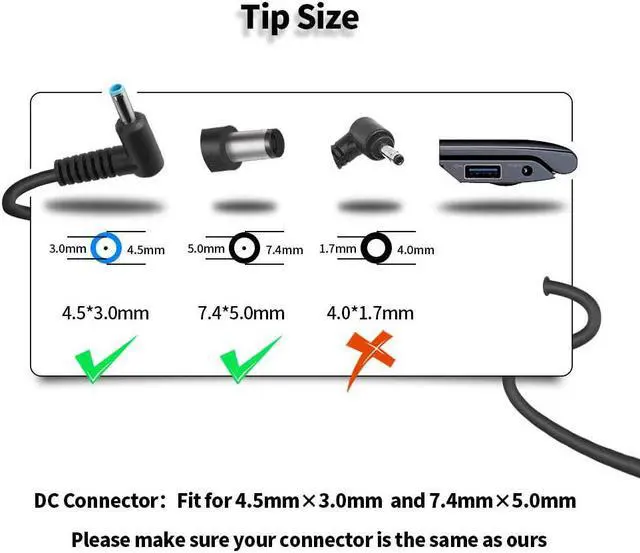 Alt view image 2 of 7 - 65W 45W Laptop Charger Fit for HP Stream Pavilion 11 13 14 15 Elitebook 820 830 840 G3 G4 G5 Envy X360 13 15 17 15-w117cl 15-w237cl 15m-cn0011dx 19.5V 3.33A AC Power Adapter Supply