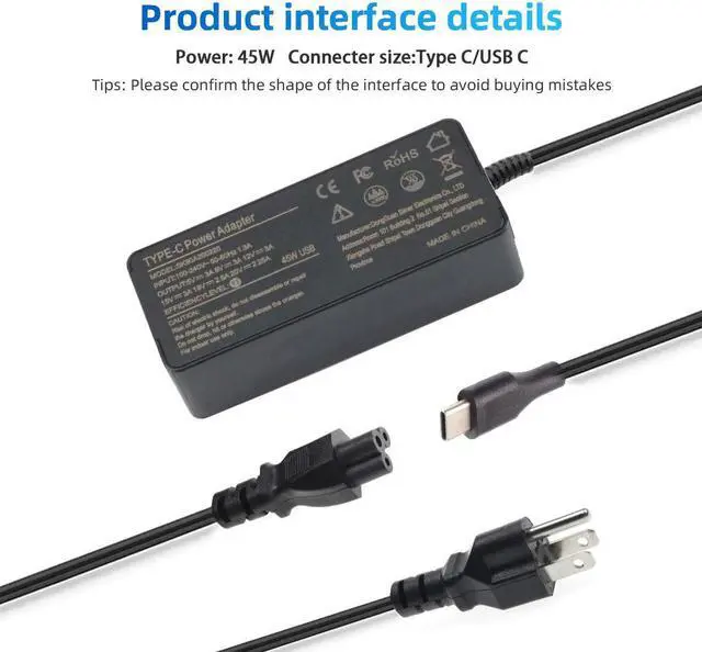 Alt view image 6 of 7 - 45W USB-C Ac Adapter Laptop Charger for HP Pavillion X2 HP Spectre x360 13 Lenovo Yoga 720 910 ThinkPad X1 Yoga5 Pro 4X20E75132 DELL XPS12 XPS13 ASUS ZenBook 3 UX390 Notebook Power Supply Cord Plug
