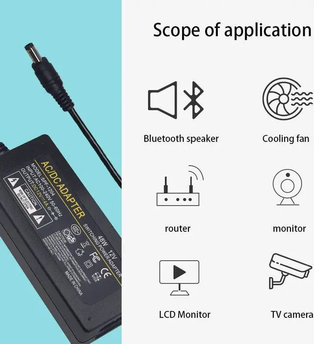 Alt view image 6 of 7 - DC 12V 4A 48W AC Adapter Power Supply 12V 4A 48W AC/DC Power Adapter with 5.5x2.1mm DC Plug 12V 4A 48W for LCD Monitor, LED Strip Light and Other Low Voltage Device - OEM